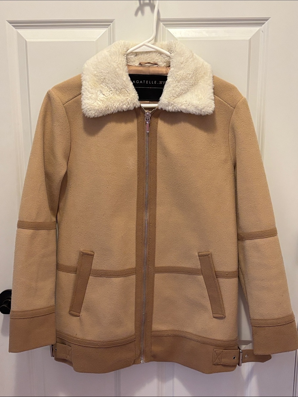 bagatelle Tan Peacoat with Cream Faux Shearling Collar